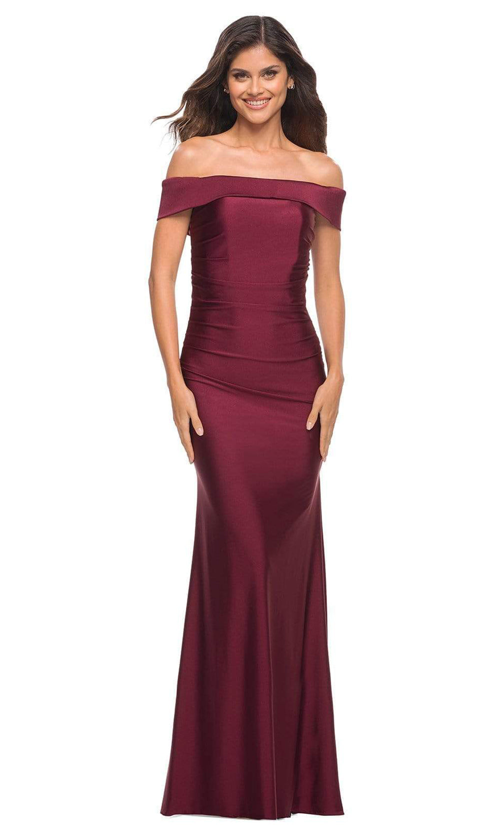 La Femme - 30422 Ruched Off Shoulder Long Gown In Red