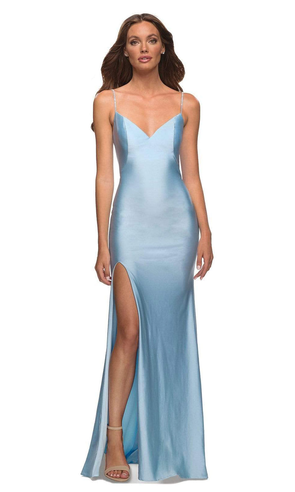 La Femme - 30435 Rhinestone Strap Sheath Gown In Blue