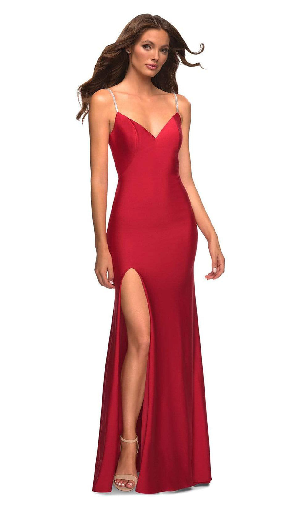 La Femme - 30435 Rhinestone Strap Sheath Gown In Red