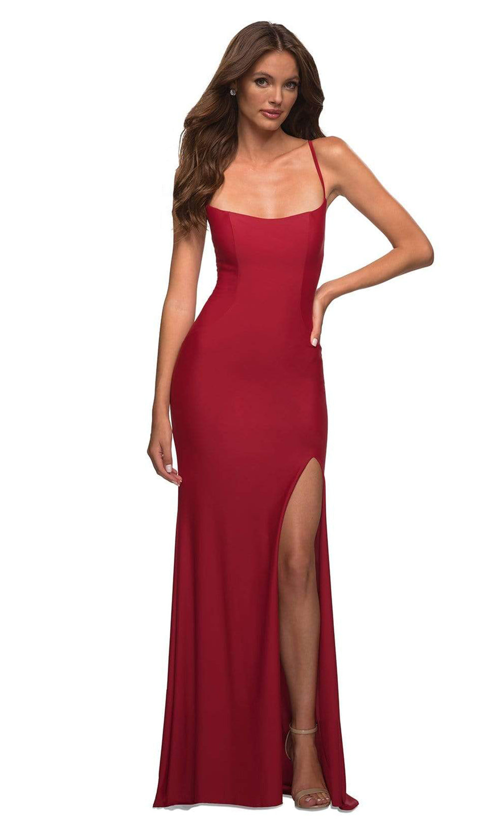 La Femme - 30436 Scoop Bodice Gown With Slit In Red