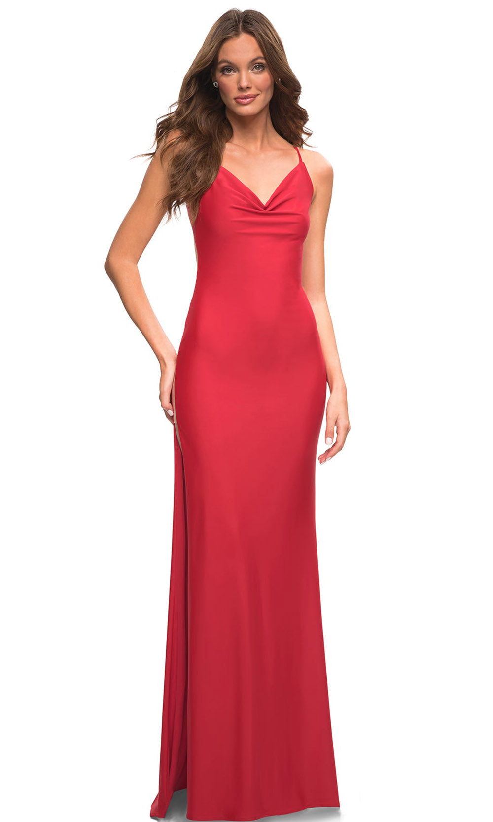 La Femme - 30437 Cowl Style High Slit Gown In Red