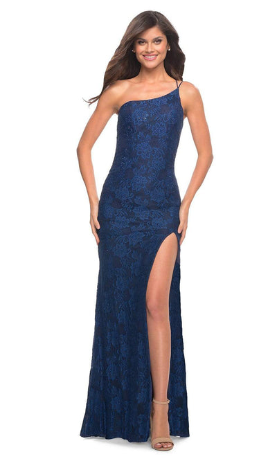 La Femme - 30441 One Shoulder Lace Gown In Blue