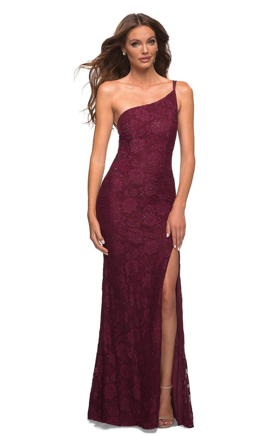 La Femme - 30441 One Shoulder Lace Gown In Burgundy