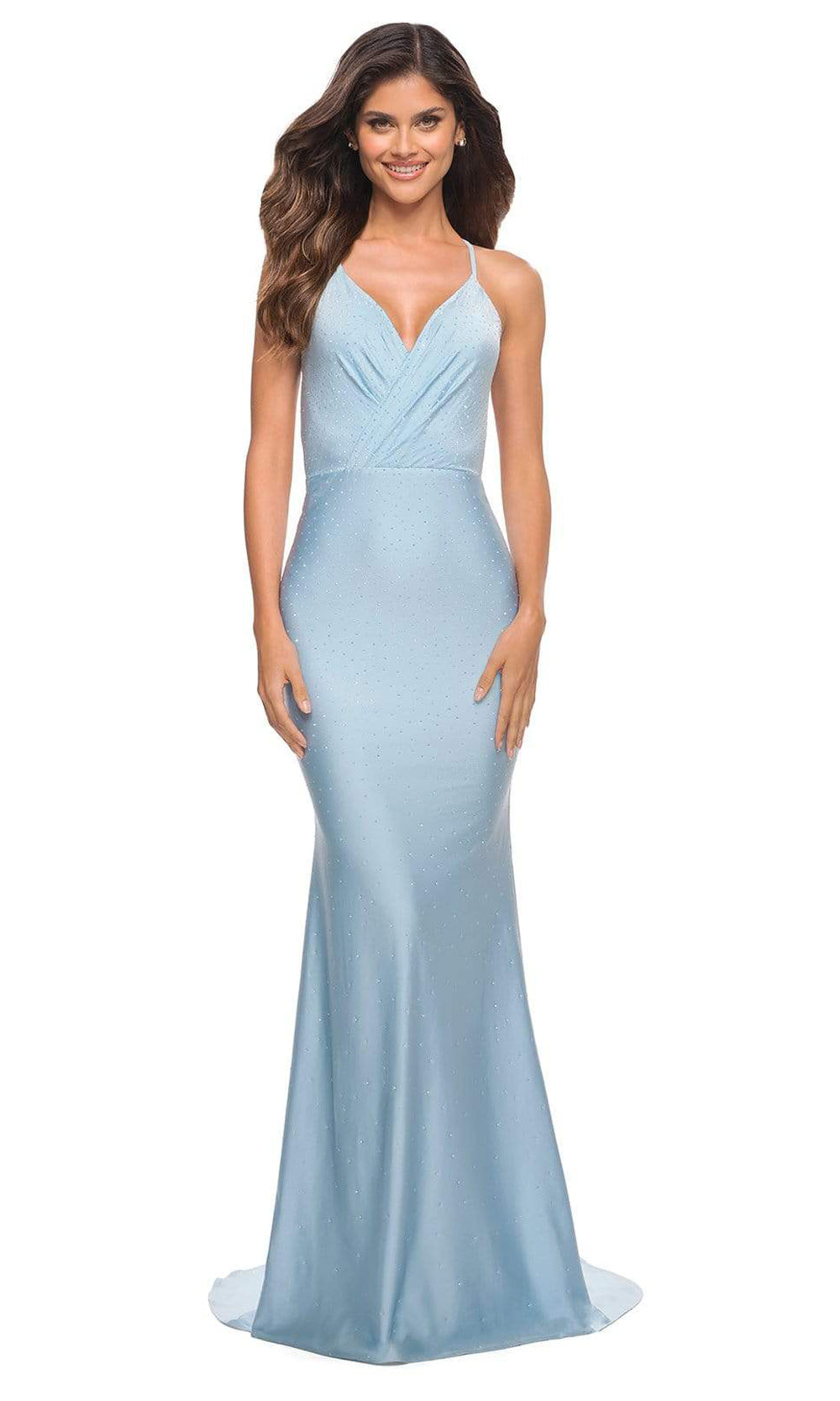 La Femme - 30463 Wrap Bodice Jersey Gown In Blue
