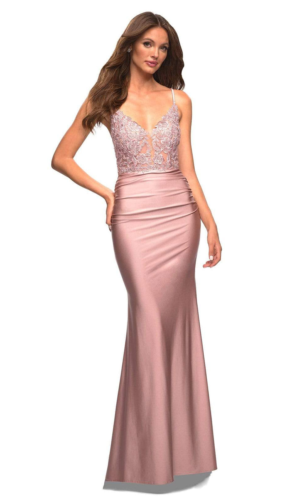 La Femme - 30466 Strappy Lace Bodice Gown In Pink