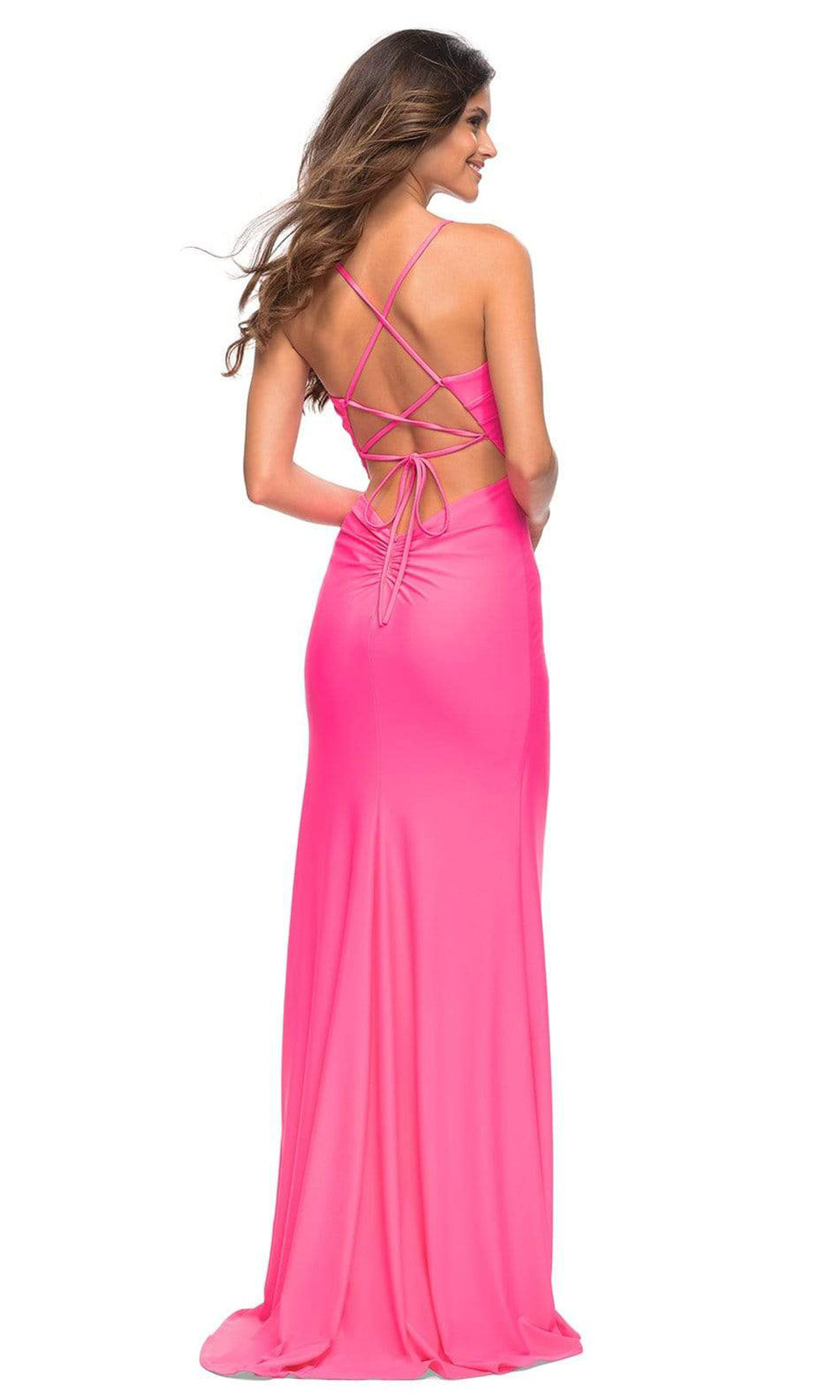 La Femme - 30470 Strappy Lace Back Slit Gown In Pink
