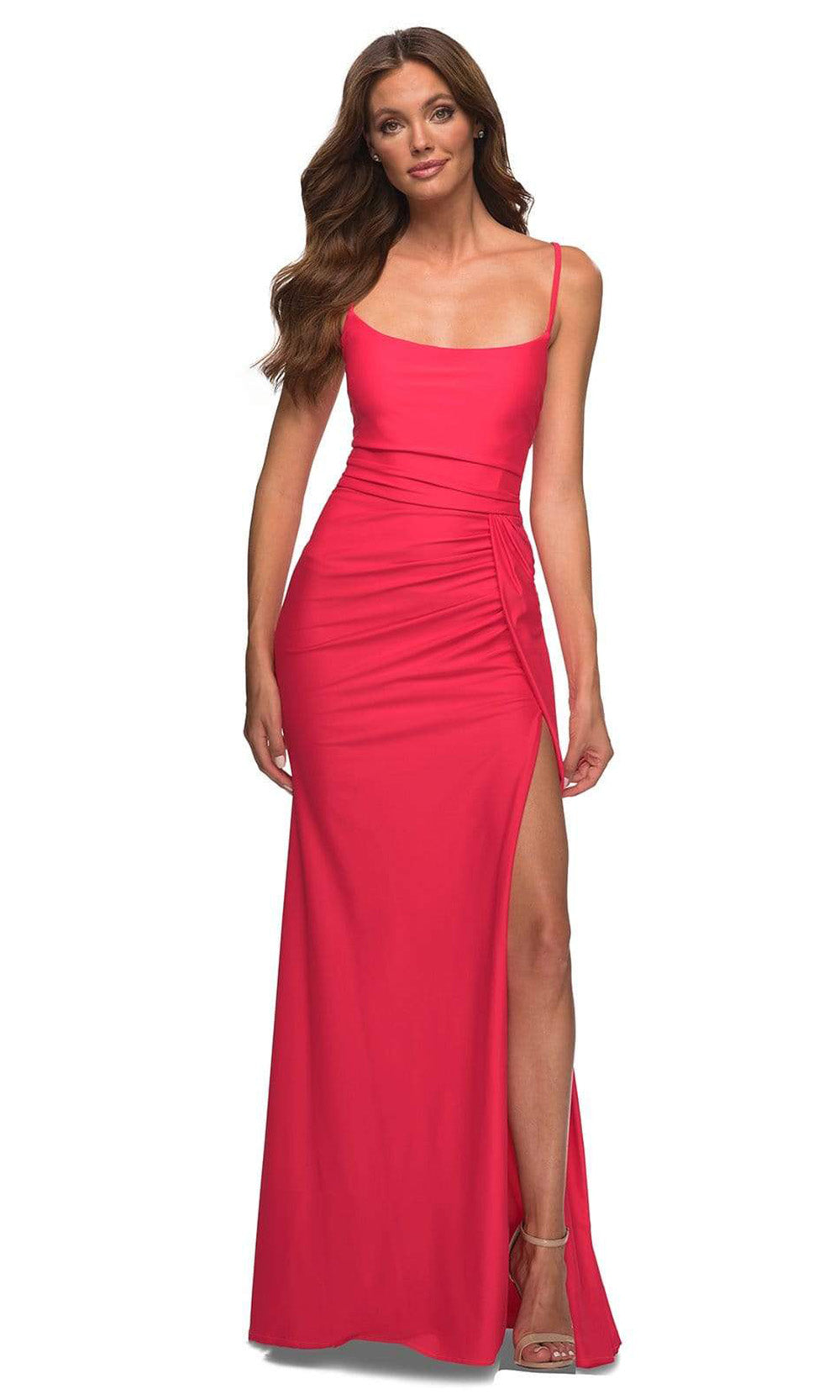 La Femme - 30470 Strappy Lace Back Slit Gown In Red