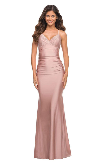 La Femme - 30503 Beaded V-Neck Jersey Dress In Pink