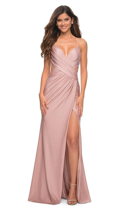 La Femme - 30504 V Neck Beaded Crisscross Long Gown In Pink and Neutral