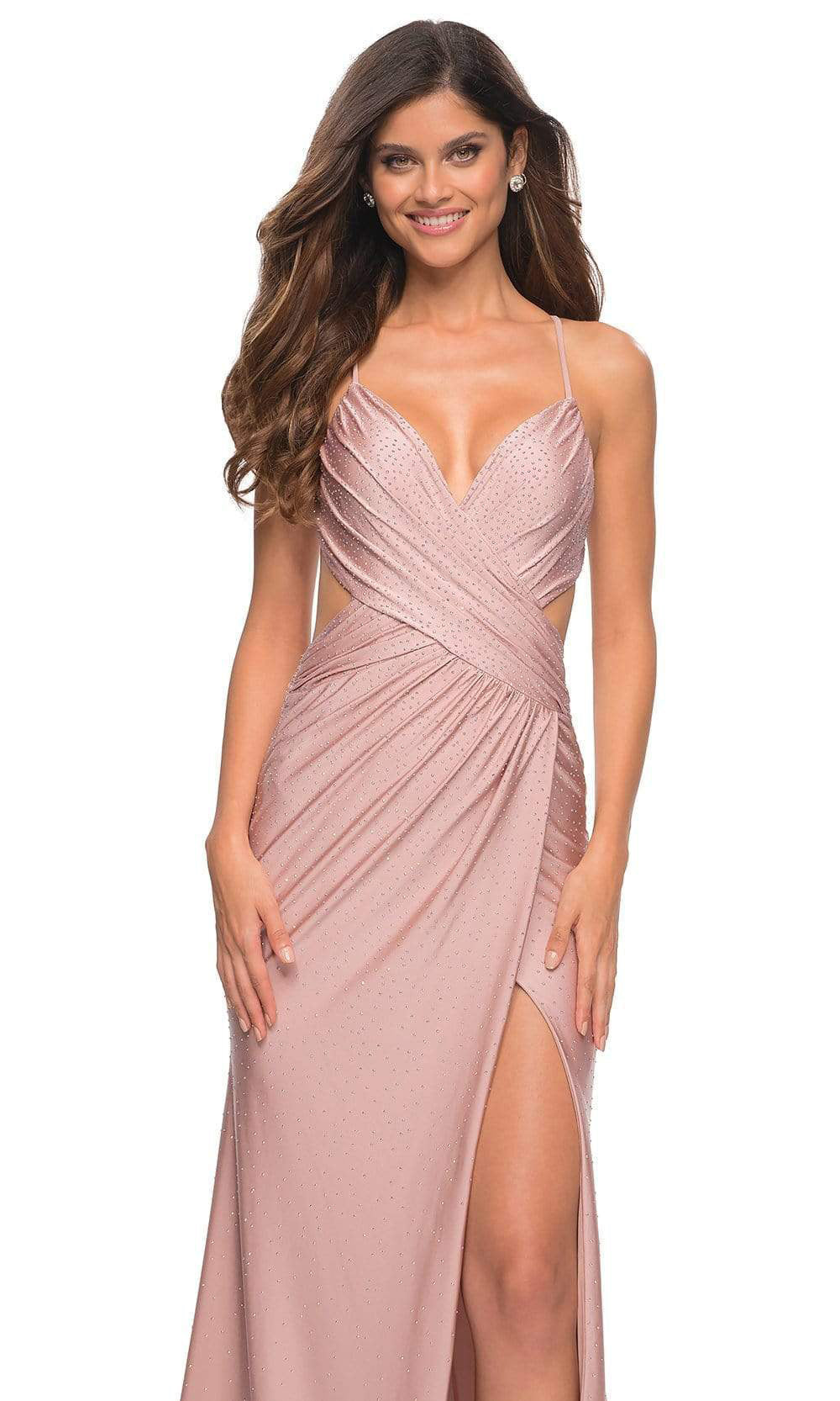 La Femme - 30504 V Neck Beaded Crisscross Long Gown In Pink and Neutral