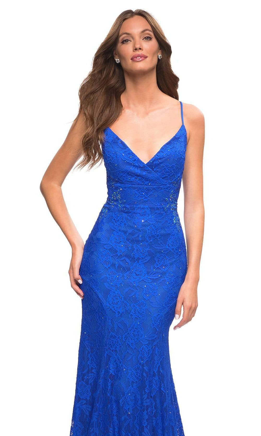 La Femme - 30537 V-Neck Floral Embroidered Dress In Blue