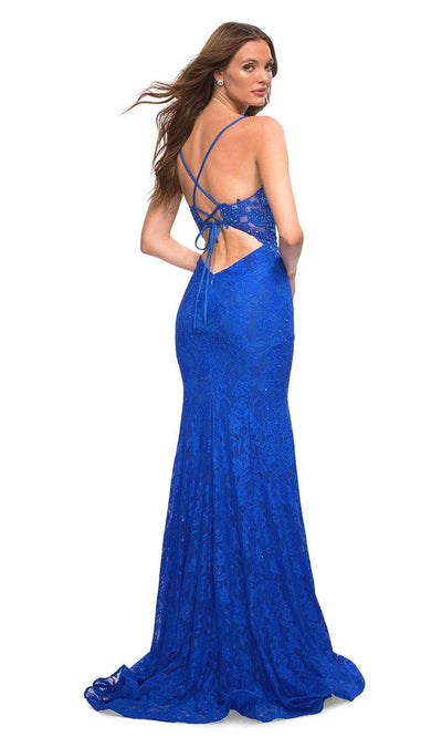 La Femme - 30537 V-Neck Floral Embroidered Dress In Blue
