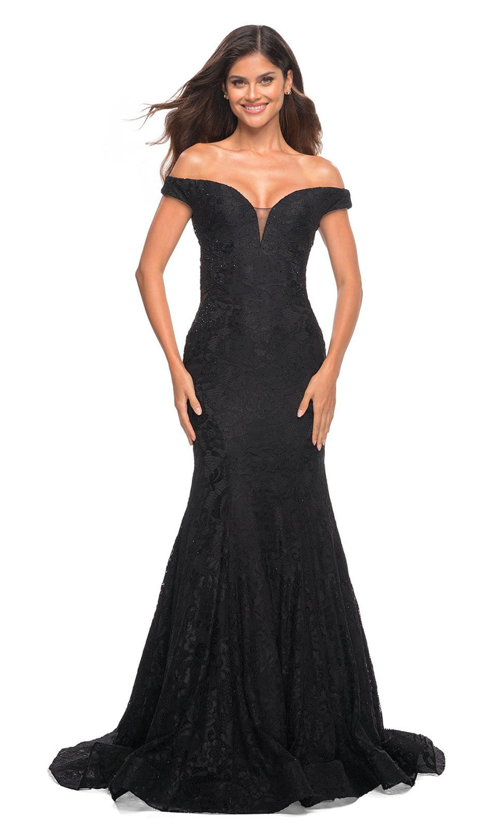 La Femme - 30564 Embroidered V-Neck Mermaid Gown In Black