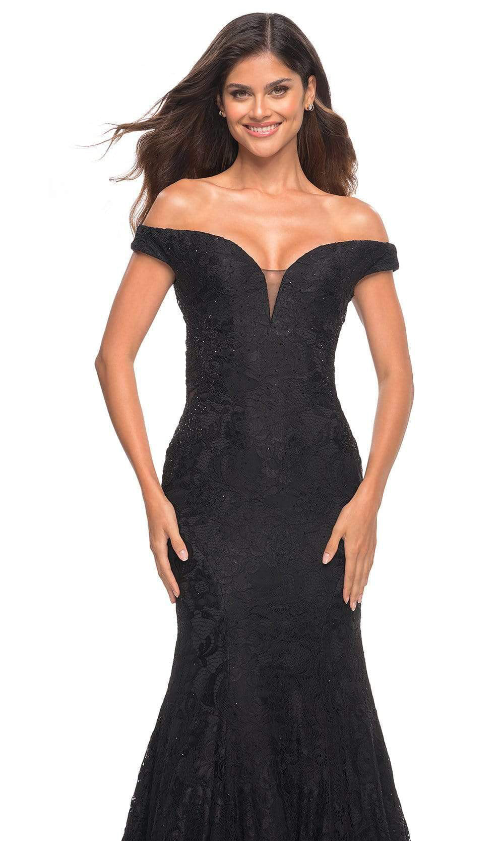 La Femme - 30564 Embroidered V-Neck Mermaid Gown In Black