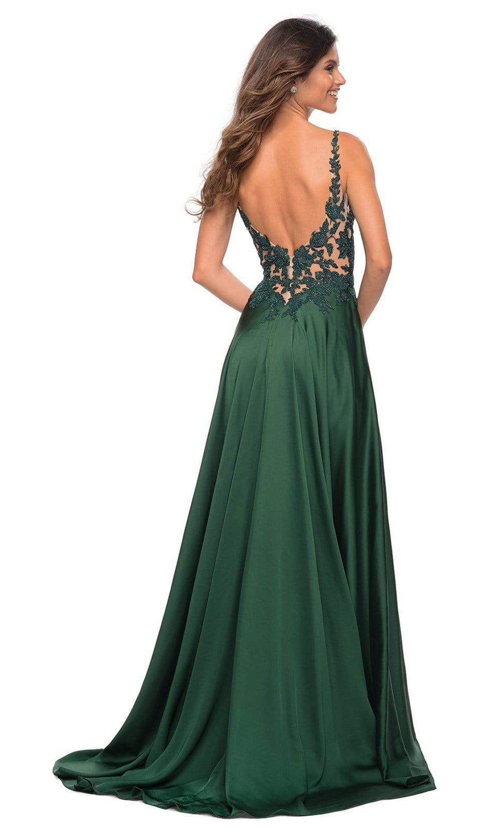 La Femme - 30580 Embellished V-Neck Satin Gown In Green