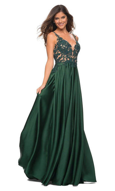 La Femme - 30580 Embellished V-Neck Satin Gown In Green