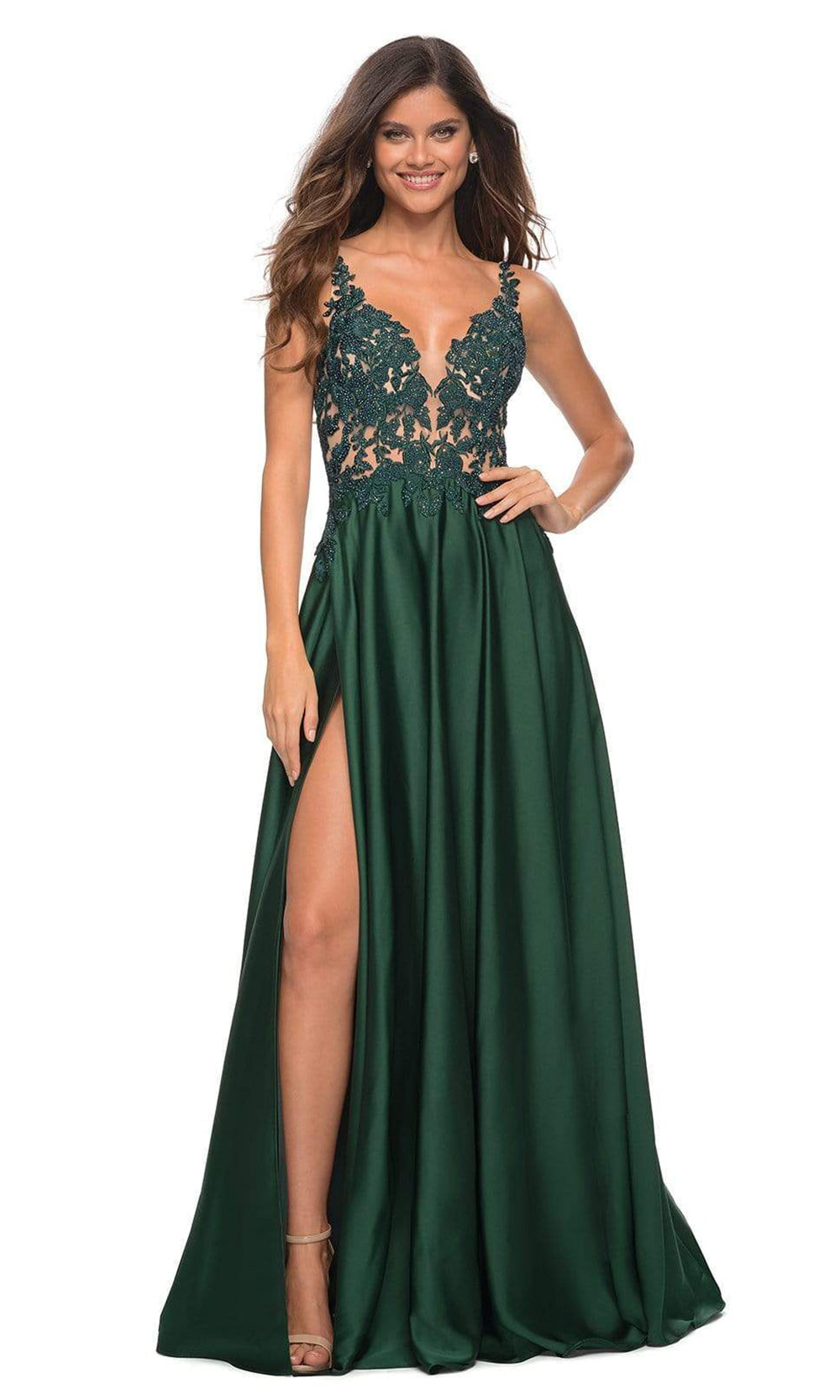 La Femme - 30580 Embellished V-Neck Satin Gown In Green