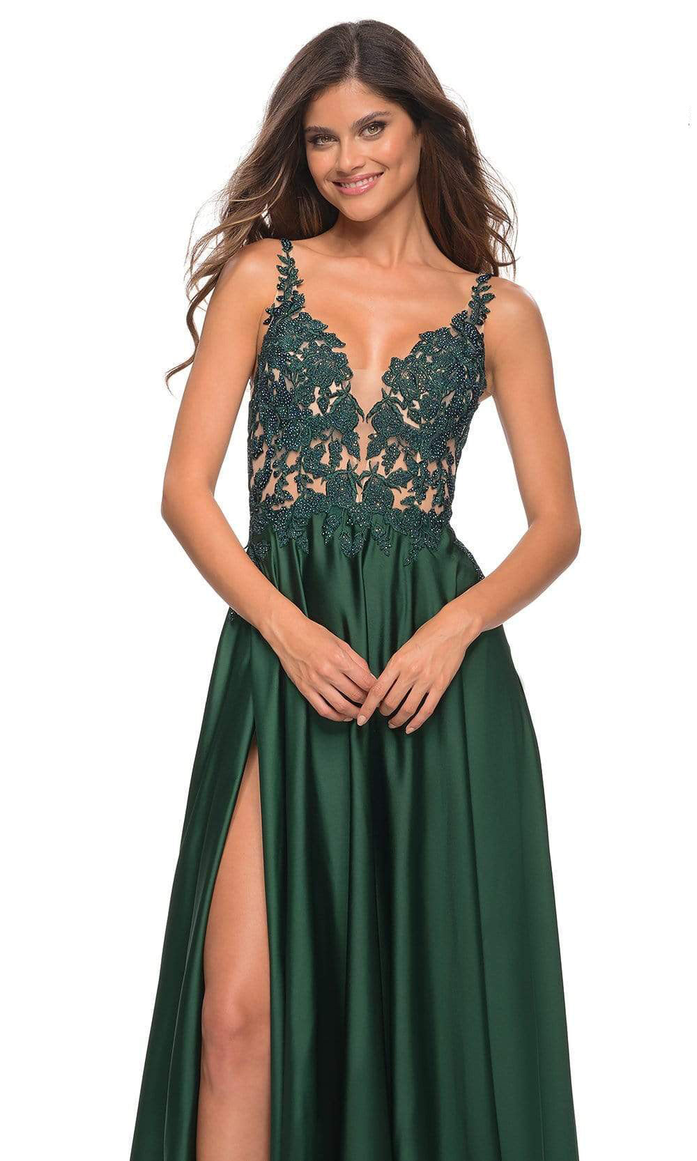 La Femme - 30580 Embellished V-Neck Satin Gown In Green