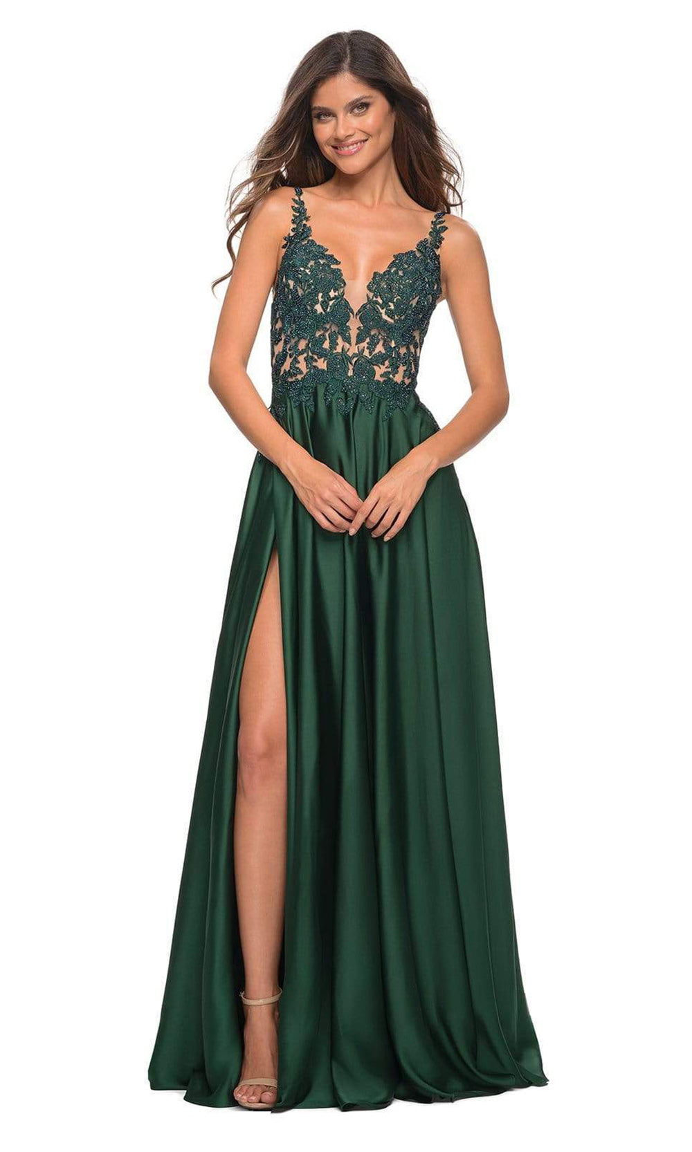 La Femme - 30580 Embellished V-Neck Satin Gown In Green