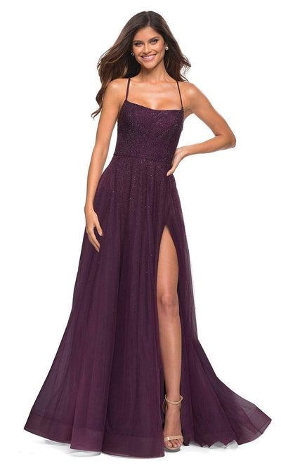La Femme - 30581 Bare Back Flowy Beaded Gown In Black and Purple