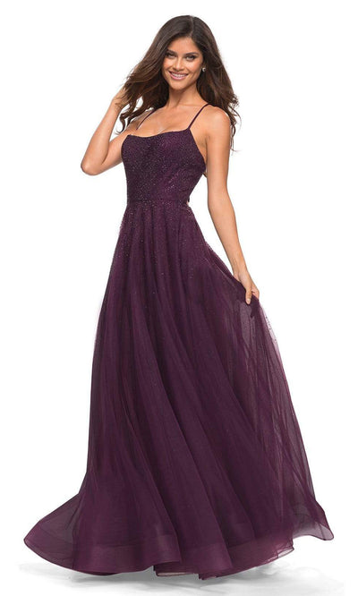 La Femme - 30581 Bare Back Flowy Beaded Gown In Black and Purple