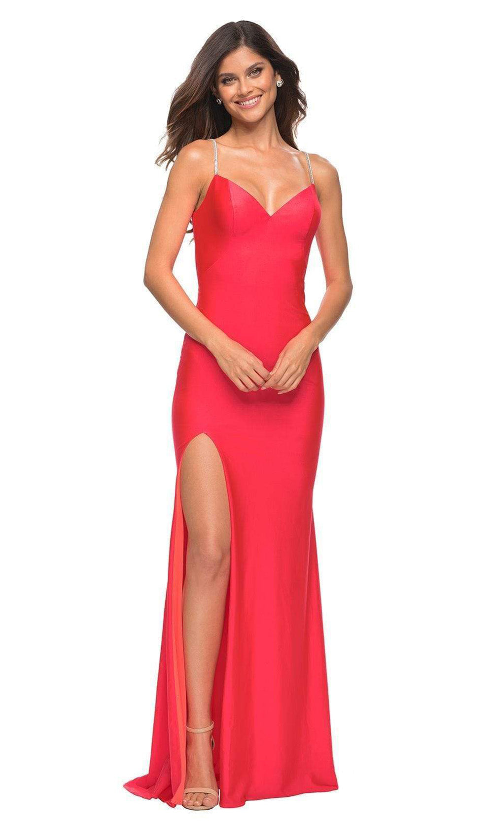 La Femme - 30602 Fitted V Neck And Back Slit Dress In Red