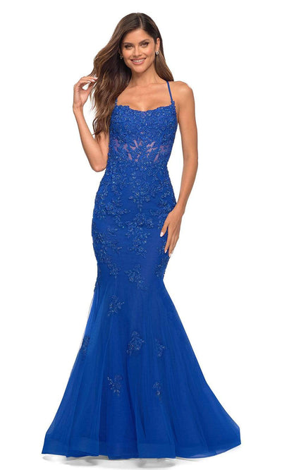 La Femme - 30621 Embellished Allover Trumpet Dress In Blue
