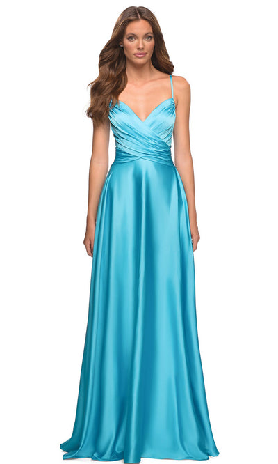 La Femme - 30662 Spaghetti Strap Satin Gown In Blue
