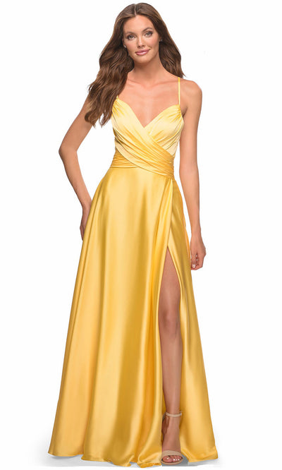 La Femme - 30662 Spaghetti Strap Satin Gown In Yellow