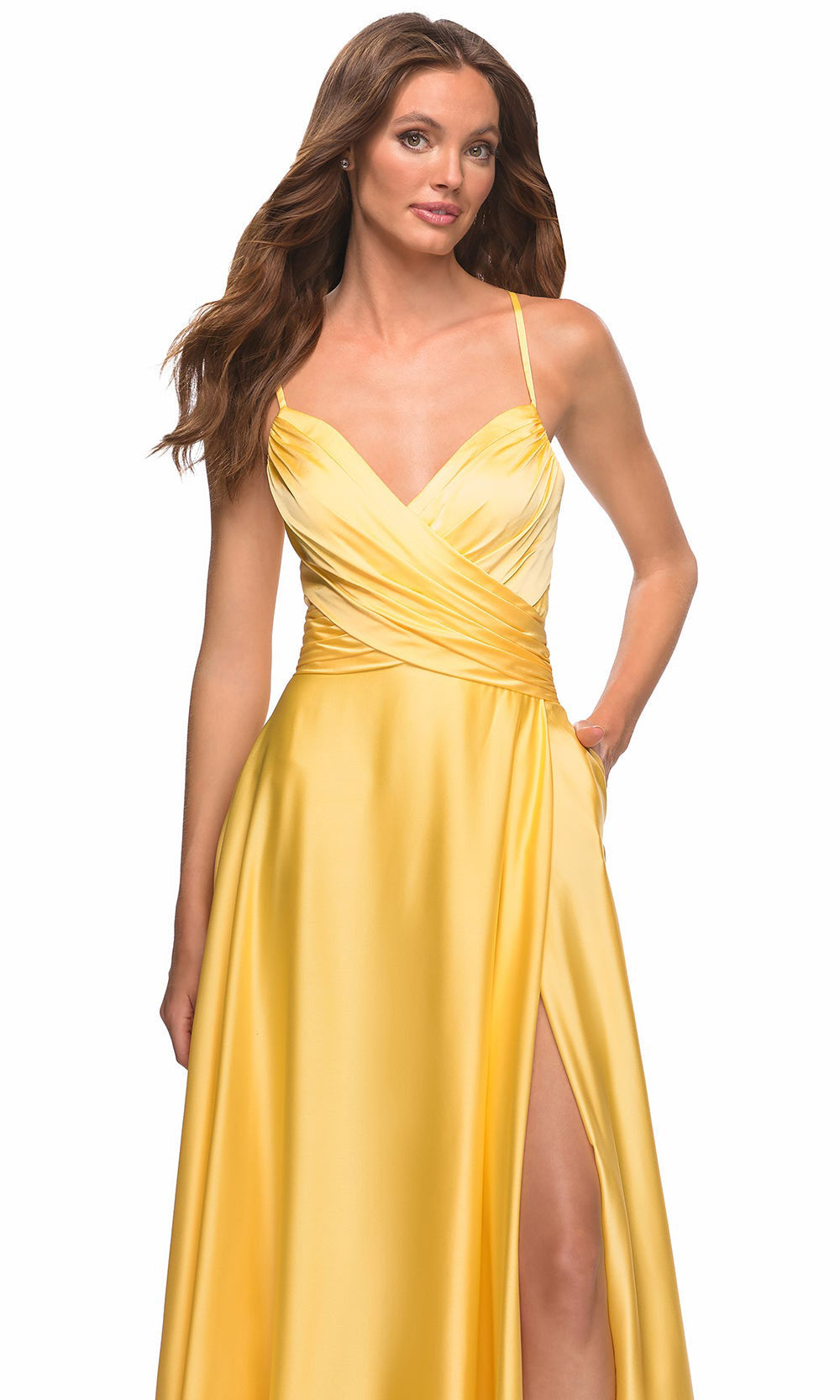 La Femme - 30662 Spaghetti Strap Satin Gown In Yellow