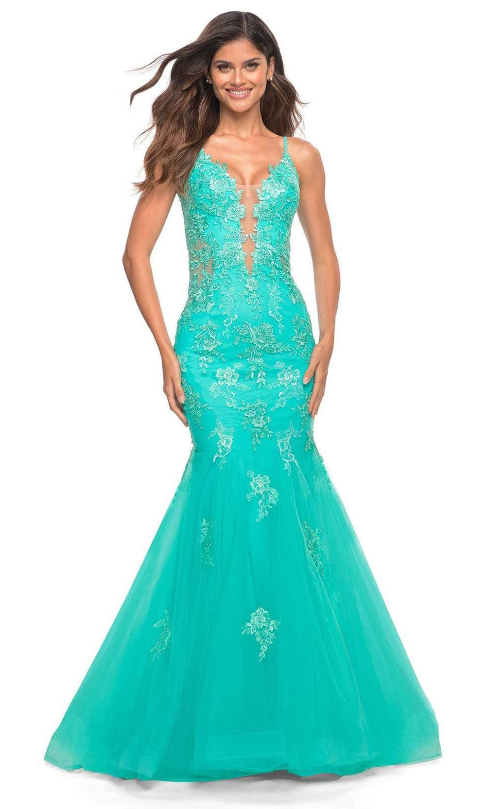 La Femme - 30675 Plunging Brocade Floral Trumpet Gown In Blue