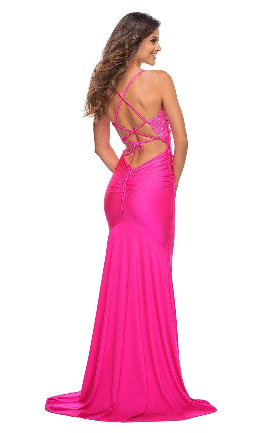La Femme - 30688 Beaded V Neck Bodycon Gown In Pink