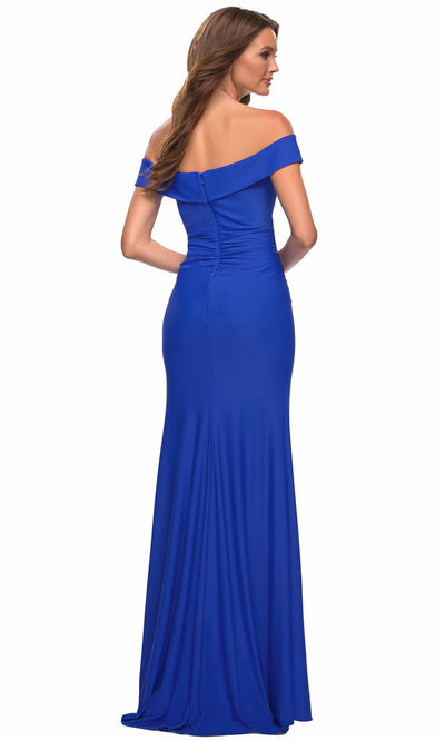La Femme - 30703 Ruffle Draped Gown With Slit In Blue