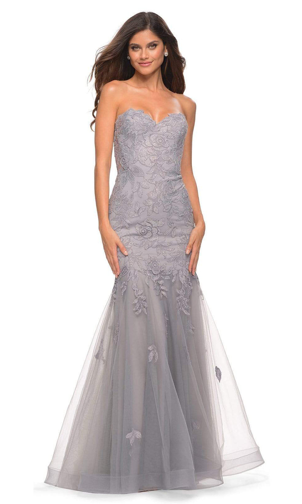 La Femme - 30717 Strapless Lace Appliqued Gown In Silver