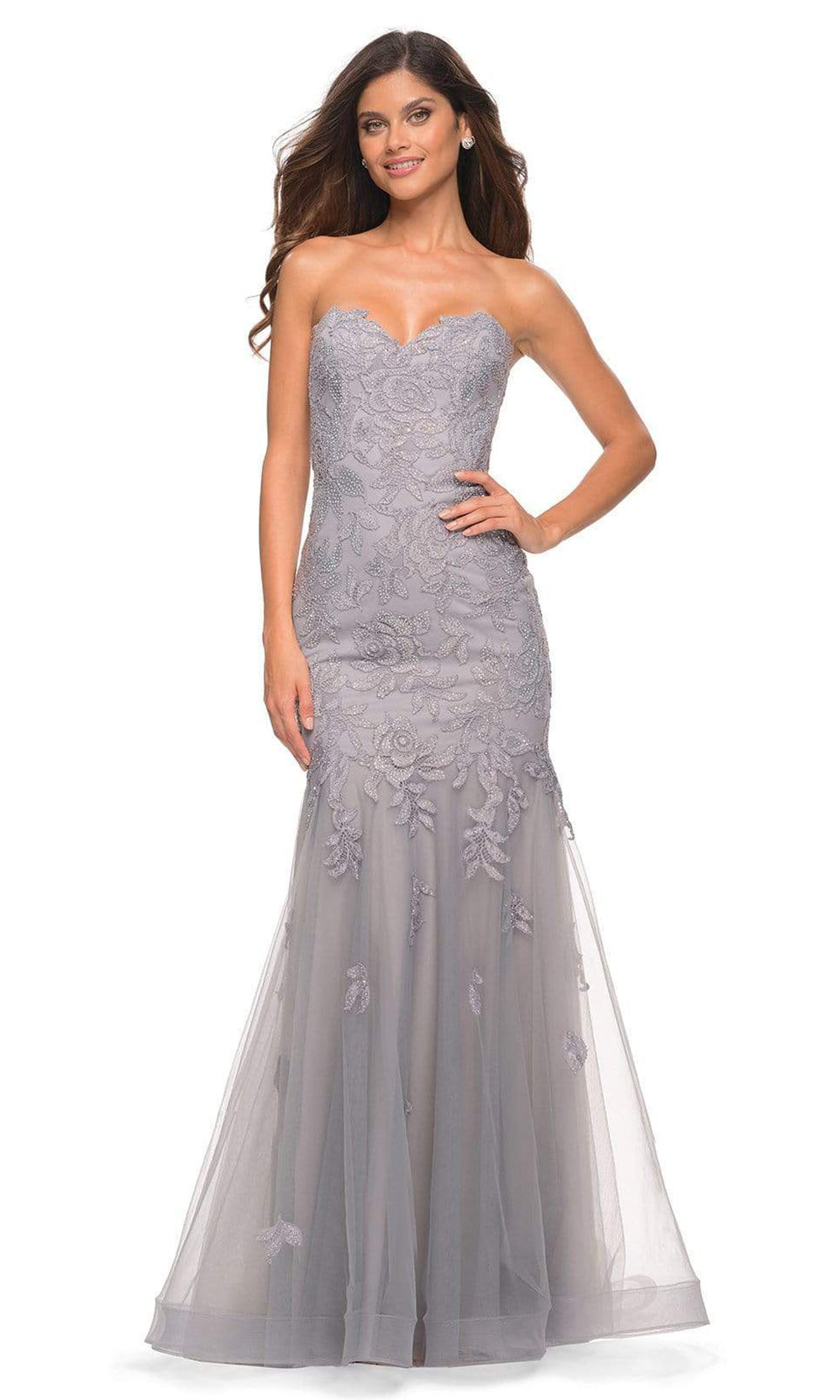 La Femme - 30717 Strapless Lace Appliqued Gown In Silver