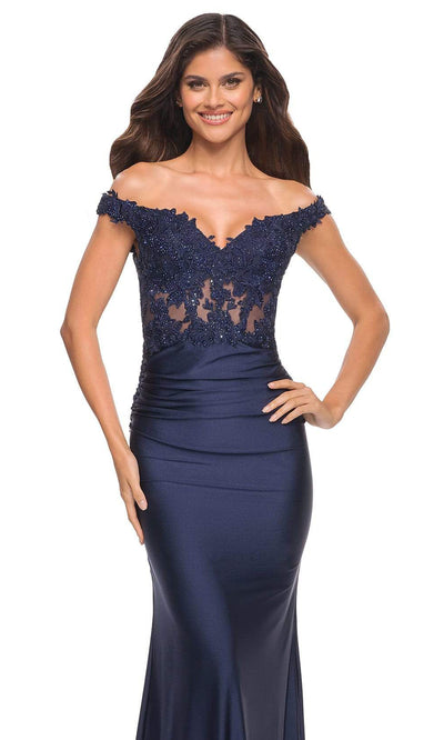 La Femme - 30741 Lace Off Shoulder Sheath Gown In Blue