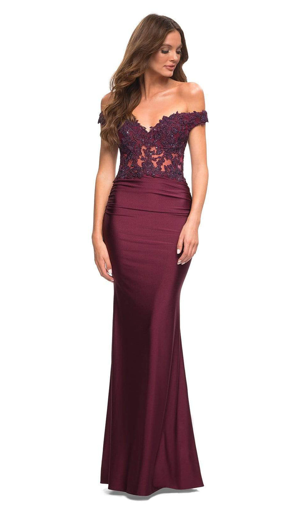 La Femme - 30741 Lace Off Shoulder Sheath Gown In Purple