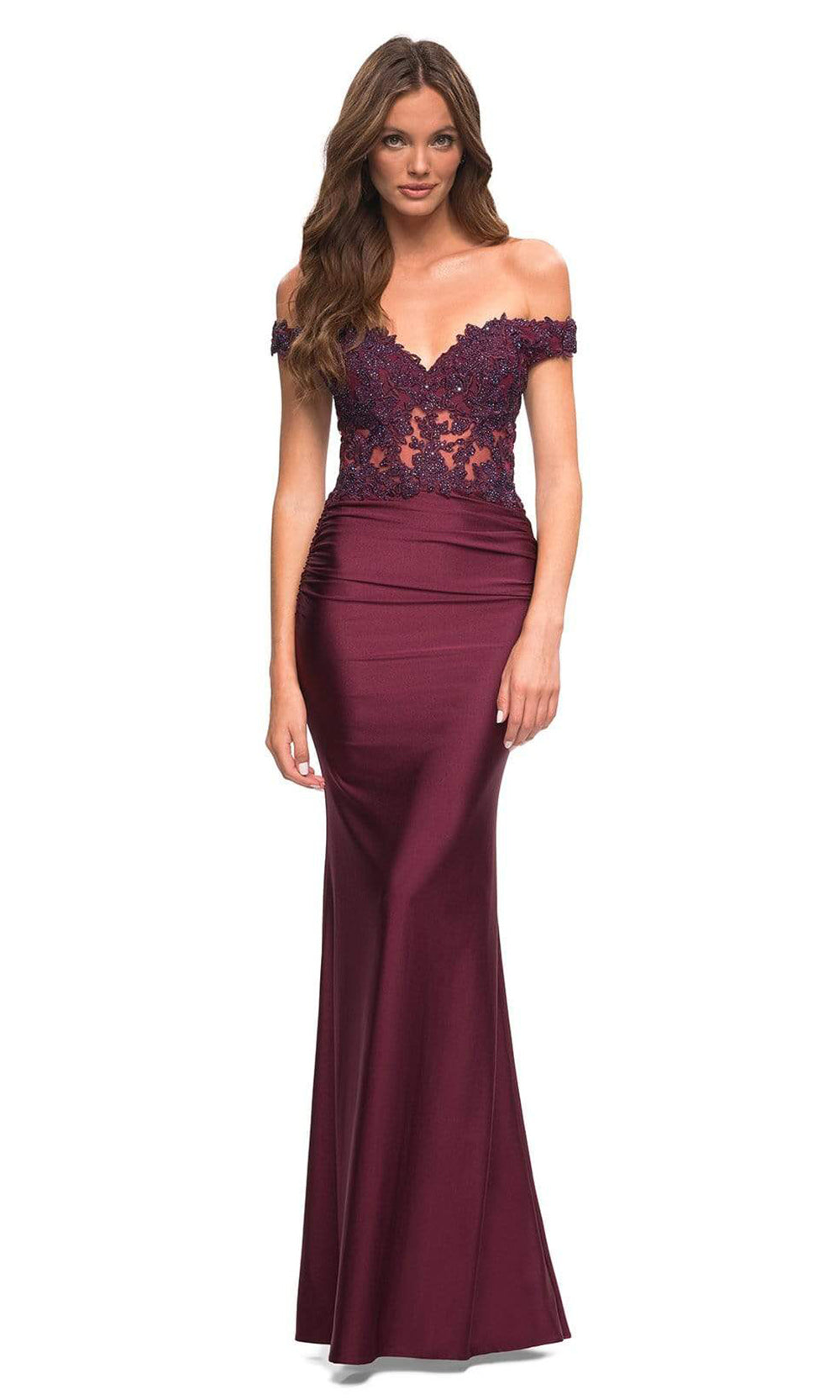 La Femme - 30741 Lace Off Shoulder Sheath Gown In Purple