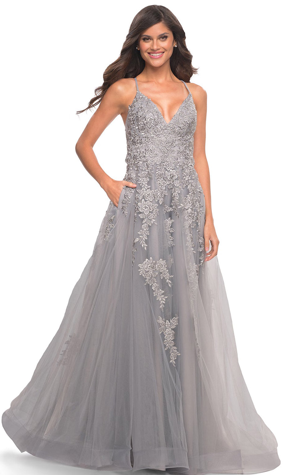 La Femme - 30810 Beaded Lace Tulle Gown In Silver & Gray