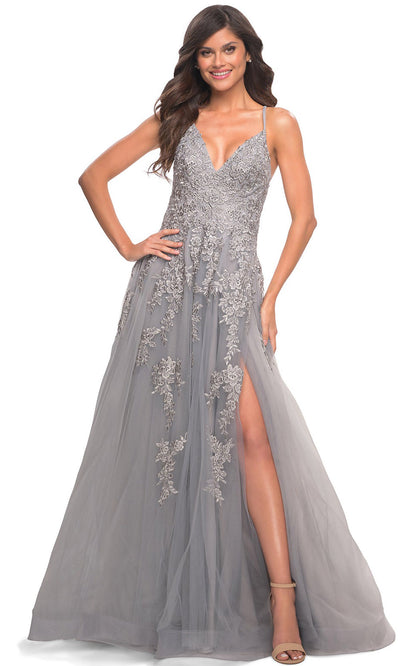 La Femme - 30810 Beaded Lace Tulle Gown In Silver & Gray