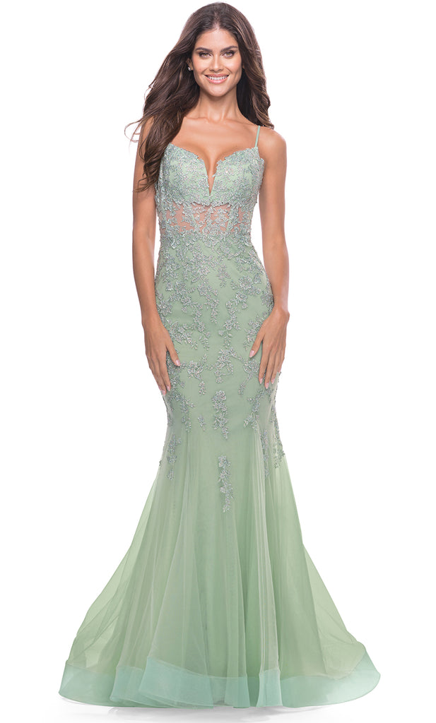 La Femme - 30442 Floral Lace Strappy Sheath Gown – Couture Candy