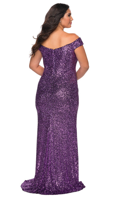 La Femme - 28795 Full Sequin V Neck Off-Shoulder Evening Gown in Purple