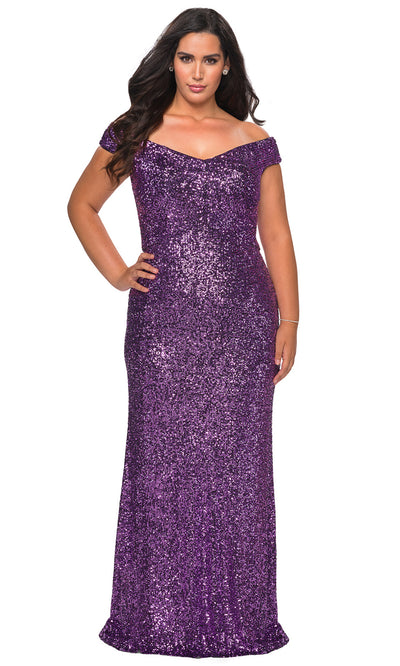 La Femme - 28795 Full Sequin V Neck Off-Shoulder Evening Gown in Purple