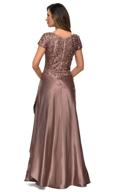 La Femme - 27033 Floral Ornate Satin Overlay Gown In Brown