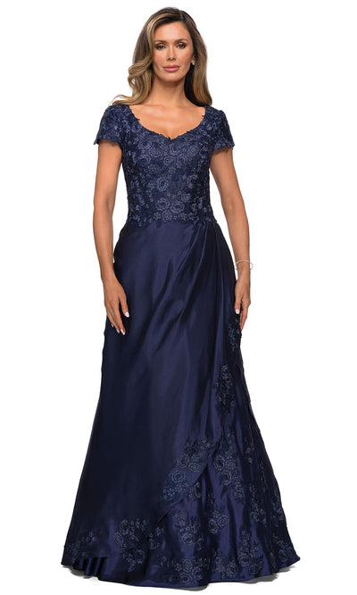 La Femme - 27033 Floral Ornate Satin Overlay Gown In Blue