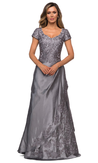 La Femme - 27033 Floral Ornate Satin Overlay Gown In Silver & Gray