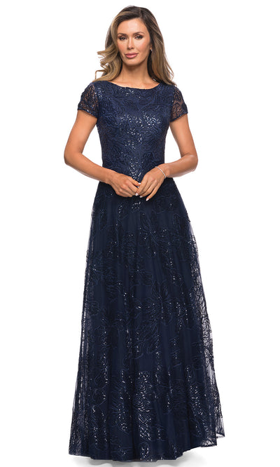 La Femme - 27837 Sequined Lace A-Line Gown In Blue