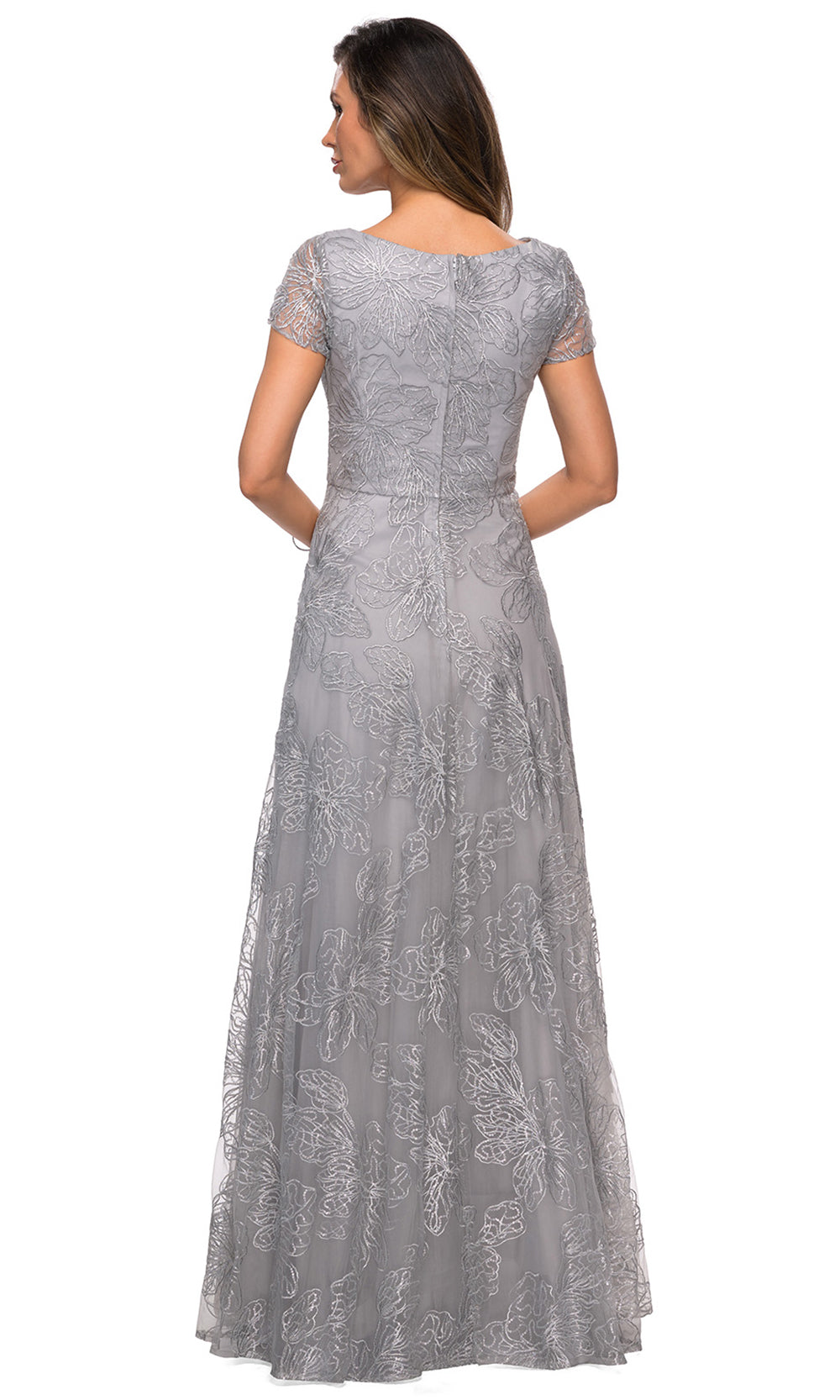 La Femme - 27837 Sequined Lace A-Line Gown In Silver
