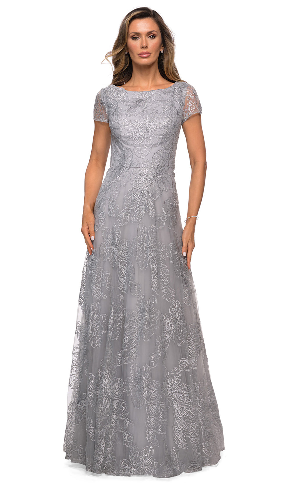La Femme - 27837 Sequined Lace A-Line Gown In Silver