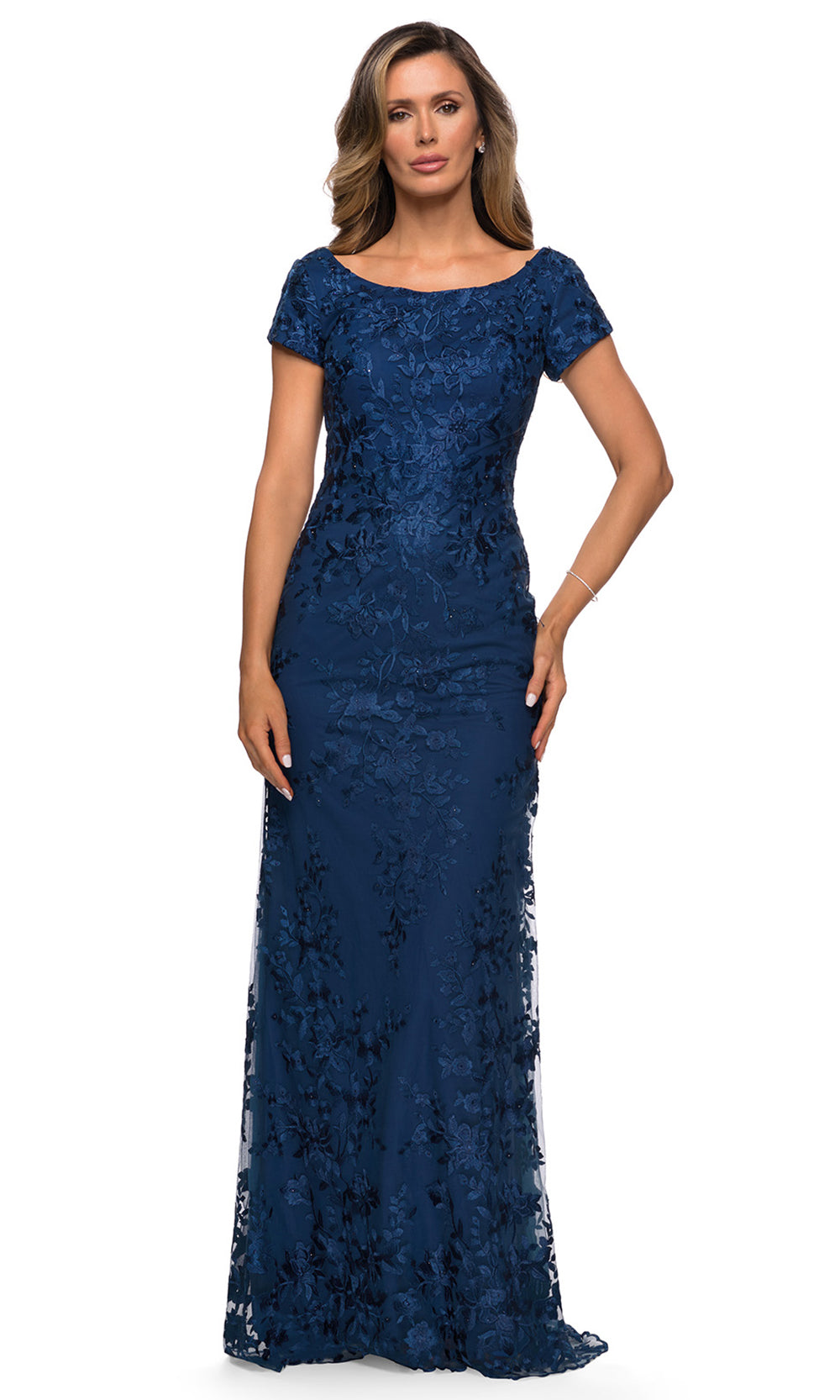 La Femme - 27842 Scoop Neck Lace Fitted Dress In Blue